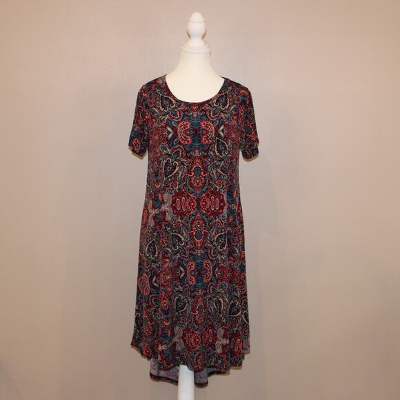 LulaRoe Carly Dress, size S, Paisley Burgundy, Tan & Blue hi-lo hem - Picture 1 of 6